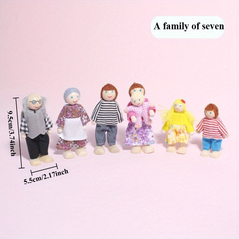 Wooden Family Figure Set 7pcs Mini Figures for Dollhouses Cosplay Birthday