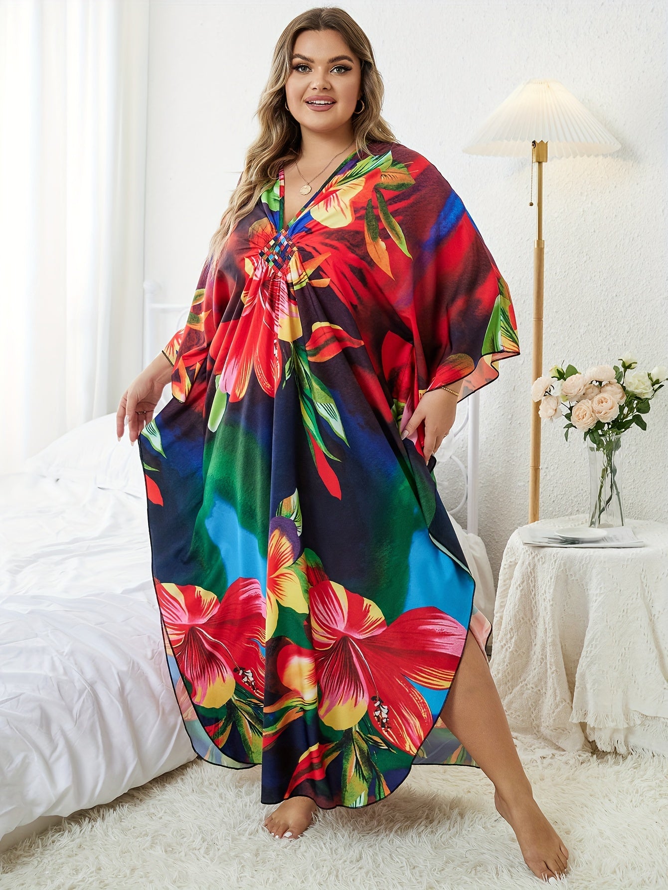 Plus Size Floral Print Batwing Sleeve V Neck Cover Up Dress