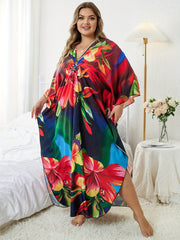 Plus Size Floral Print Batwing Sleeve V Neck Cover Up Dress