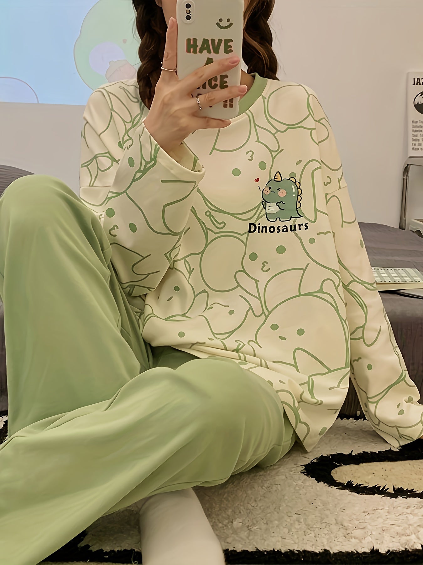 Dino Print Pajama Set Long Sleeve Top & Pants Women's Loungewear