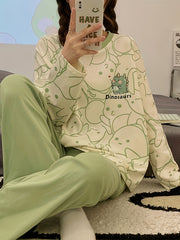 Dino Print Pajama Set Long Sleeve Top & Pants Women's Loungewear