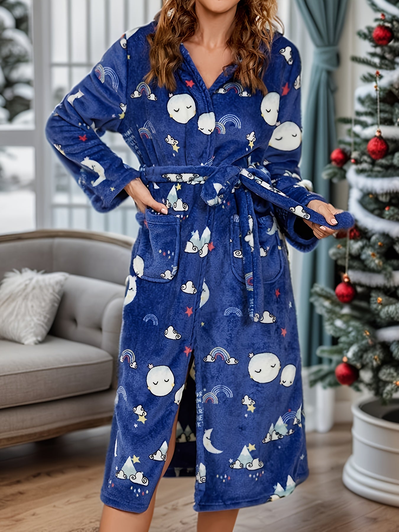 Cartoon Print Hooded Bathrobe Warm & Fuzzy Christmas Lounge Robe