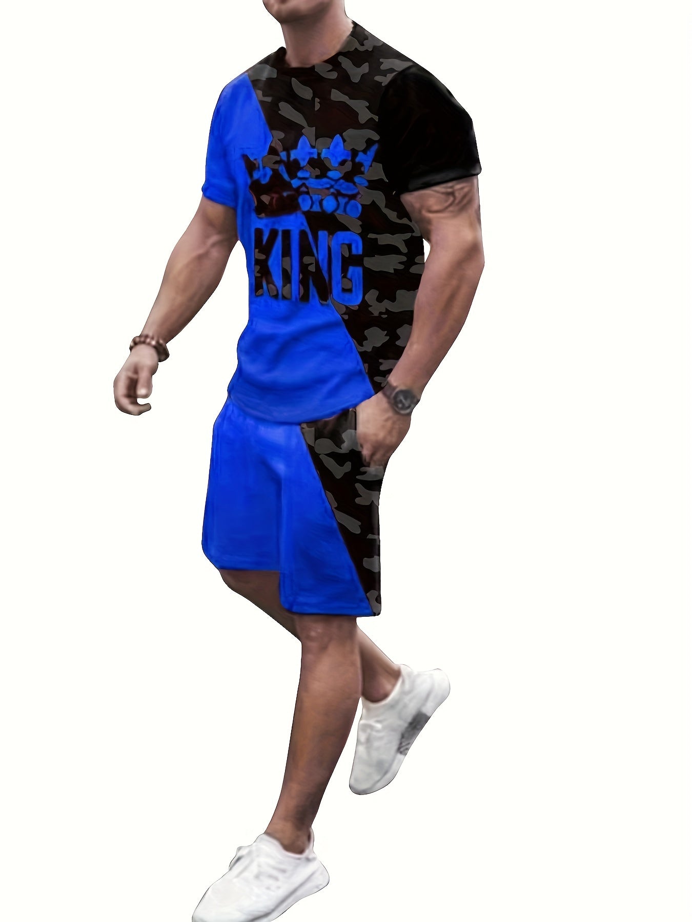 Men's Camo ''KING'' Crown Print T-shirt & Shorts Set for Summer