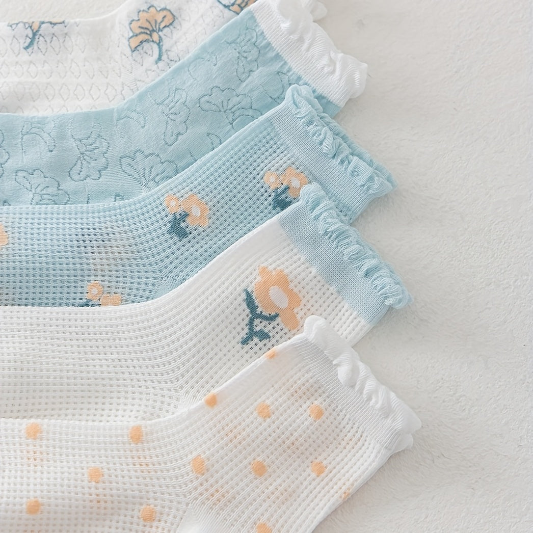 5 Pairs Floral Print Ruffle Socks Hollow Out Mid Tube Stockings