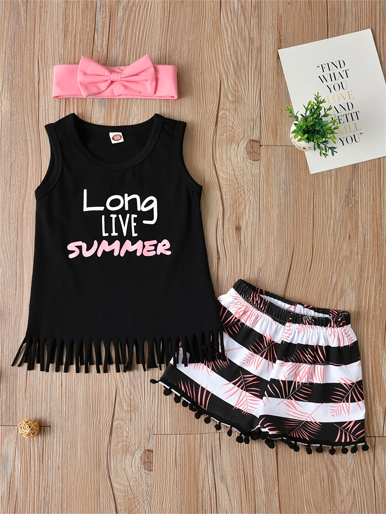 Girls Tassel Tank Top & Striped Leaves Shorts Set