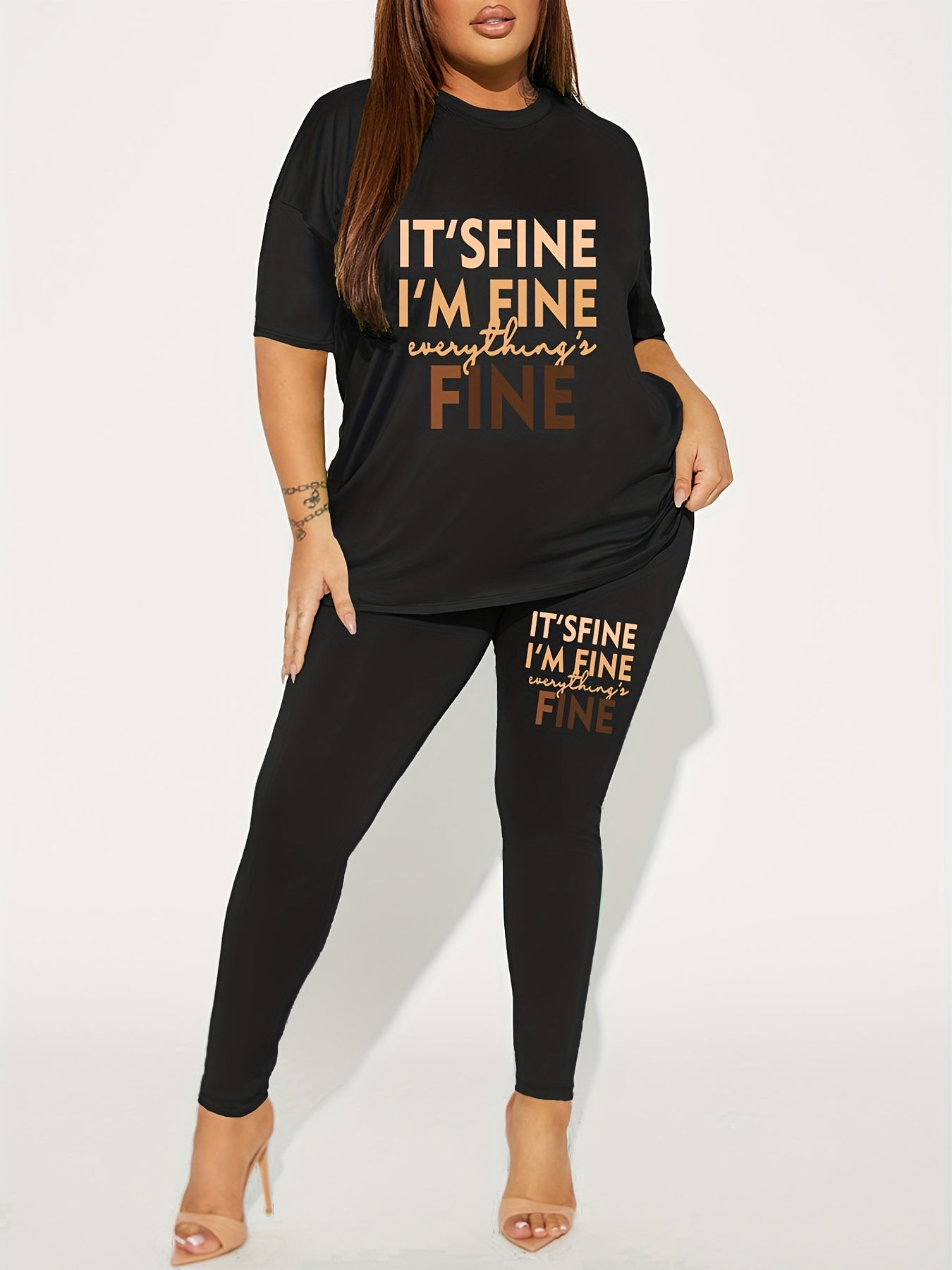 Letter Print Matching Two piece Set Casual Short Sleeve T shirt & Skinny Pants