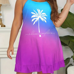 Ombre Coconut Tree Print Ruffle Trim Cami Sleep Dress