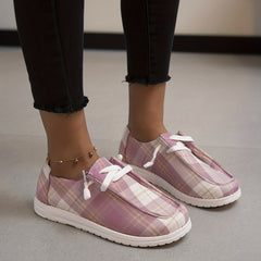 Pink Plaid Canvas Shoes Women Casual Lace Up Sneakers Lightweight Comfort