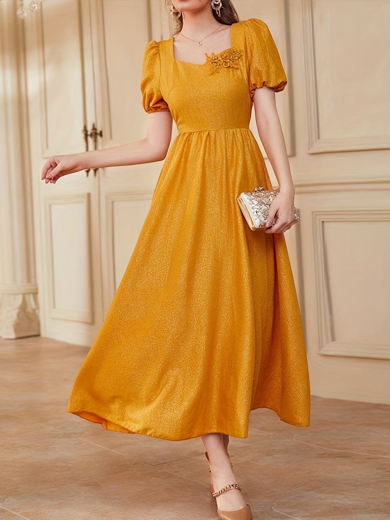 Square Neck Flower Patchwork Dress Short Sleeve Party Wear