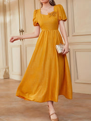 Square Neck Flower Patchwork Dress Short Sleeve Party Wear