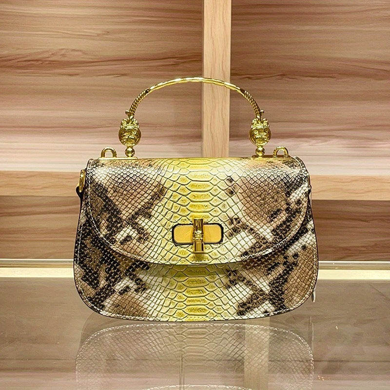 Women's Convertible Crossbody Handbag Snake Texture Beige Golden Tone