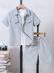 Boy's 2pcs Shirt & Drawstring Shorts Set Solid Casual Outfits Kids Clothes