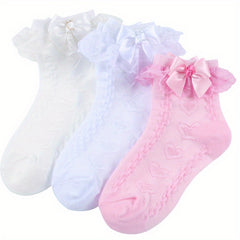 3 Pairs Girls Ruffle Lace Trims Bow Dance Socks Thin Crew Socks