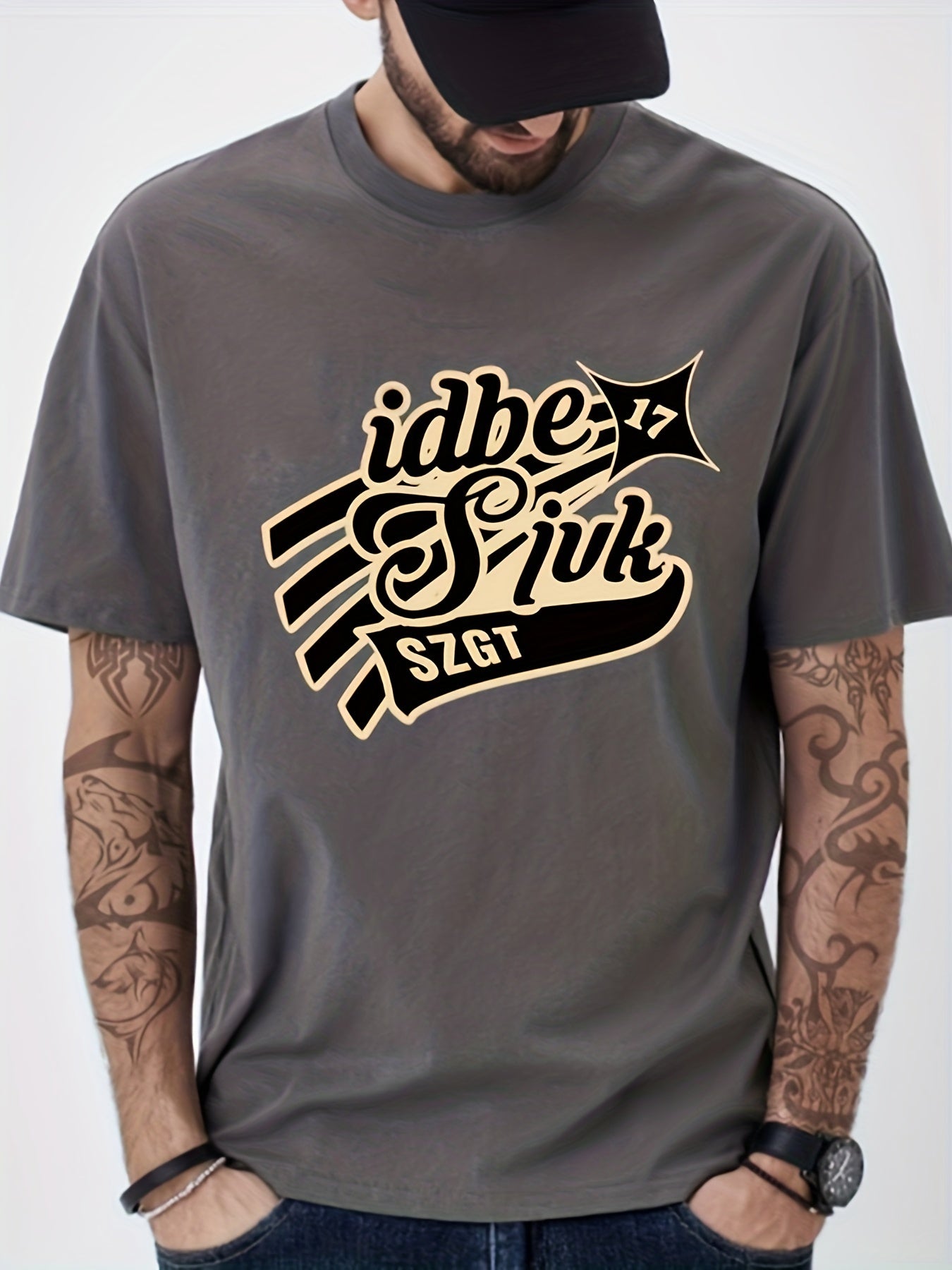 Solid Cotton Retro Letter Print Men's Graphic Crew Neck T shirt