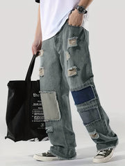 Men's Vintage Ripped Denim Jeans Straight Leg