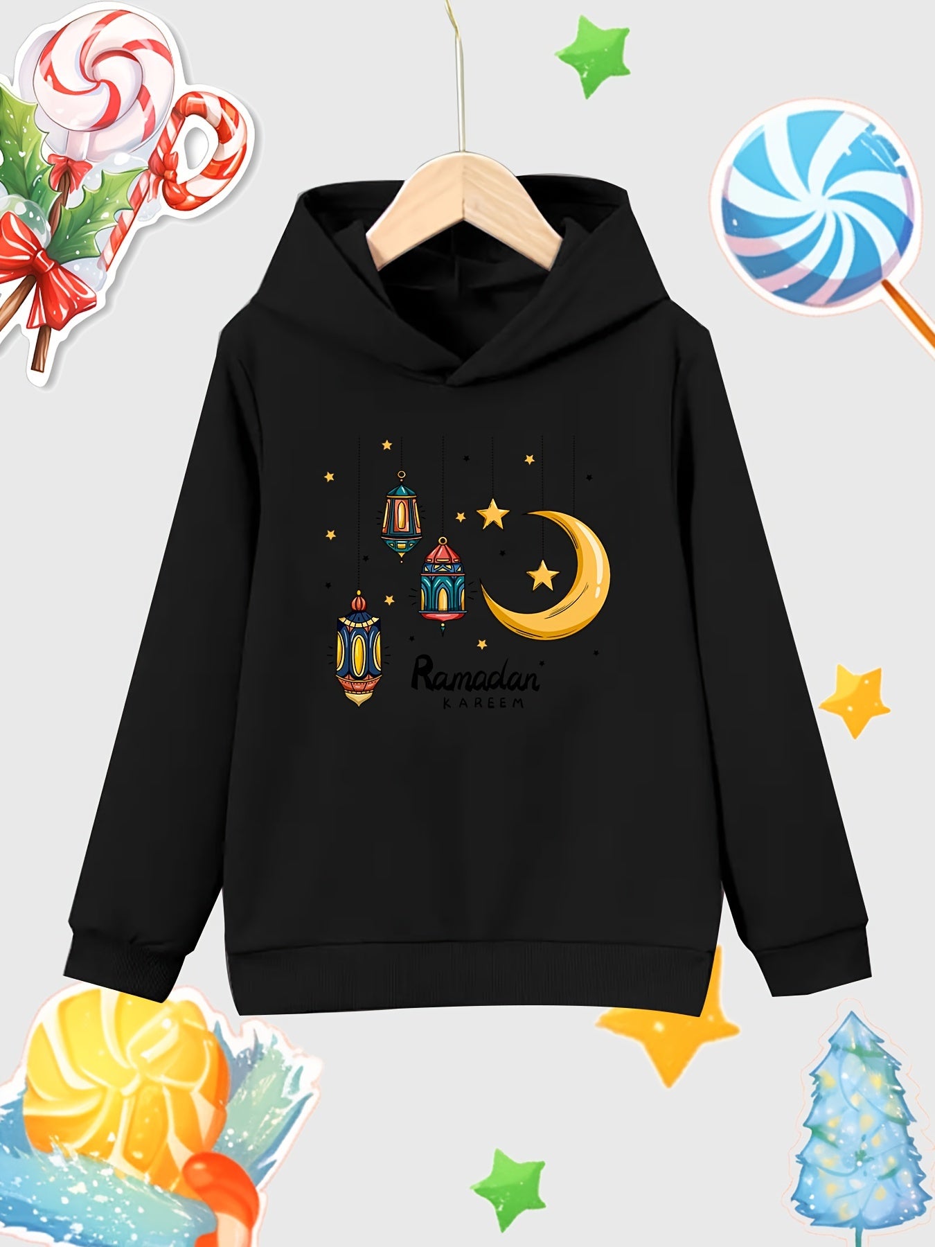 Moon & Star Pattern Girl's Cotton Hoodie Active Stretch Breathable Hood