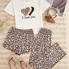 3 Piece Heart & Leopard Print Sleep Set Lounge Pajamas Women's Loungewear