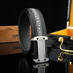 Men's Pearl Fish Pattern Cowhide Belt with Diamond Buckle