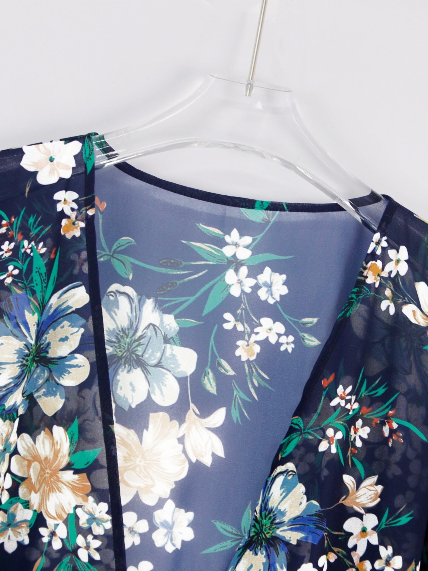 Floral Print V Neck Sheer Sleeves Cover Up Shirt