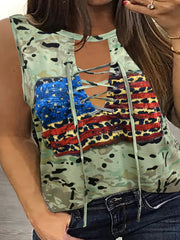 Colorblock Camo Print Cut Out Grommet Lace Up Tank Top