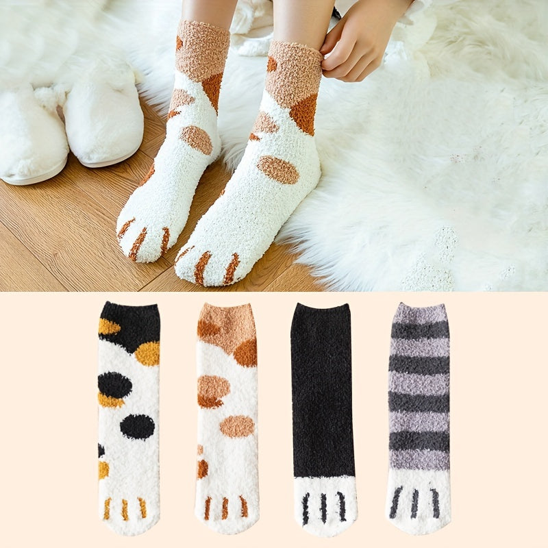 4 Pairs Cat Claw Print Socks Comfy & Fuzzy Warm Socks Women's Stockings