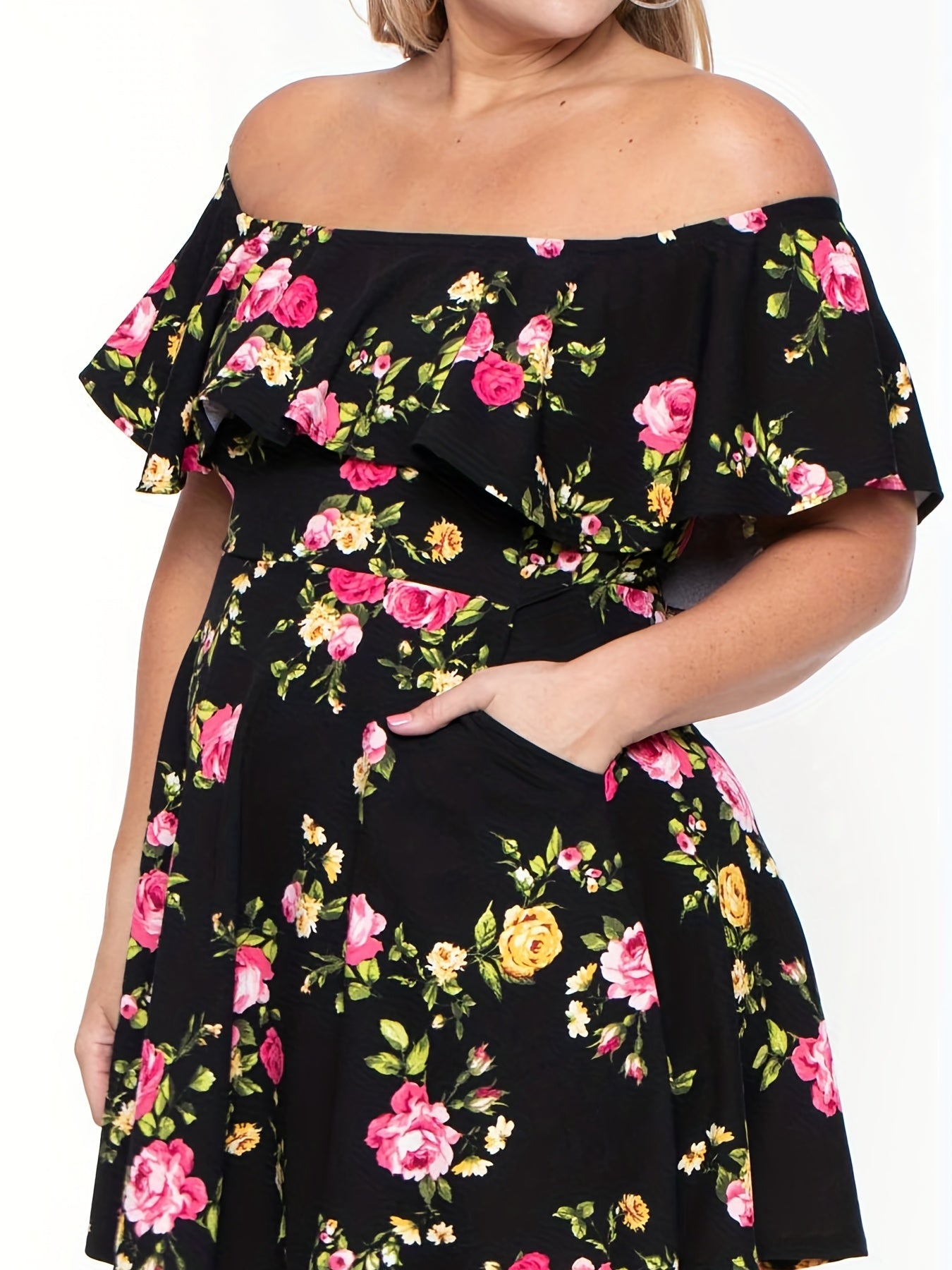 Floral Ruffle Trim Mini Dress With Pockets
