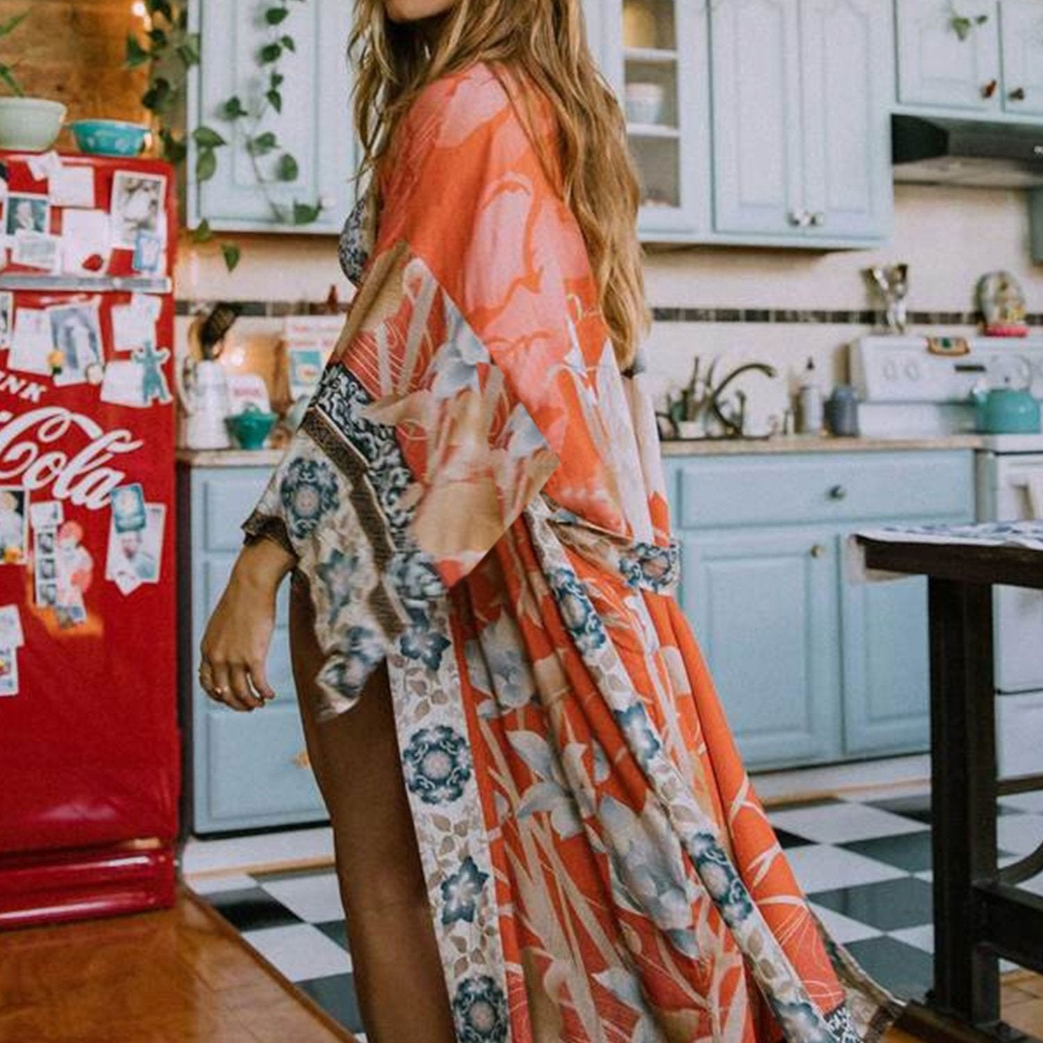 Tribal Pattern Long Robe Contrast Trim Kimono Cover Up