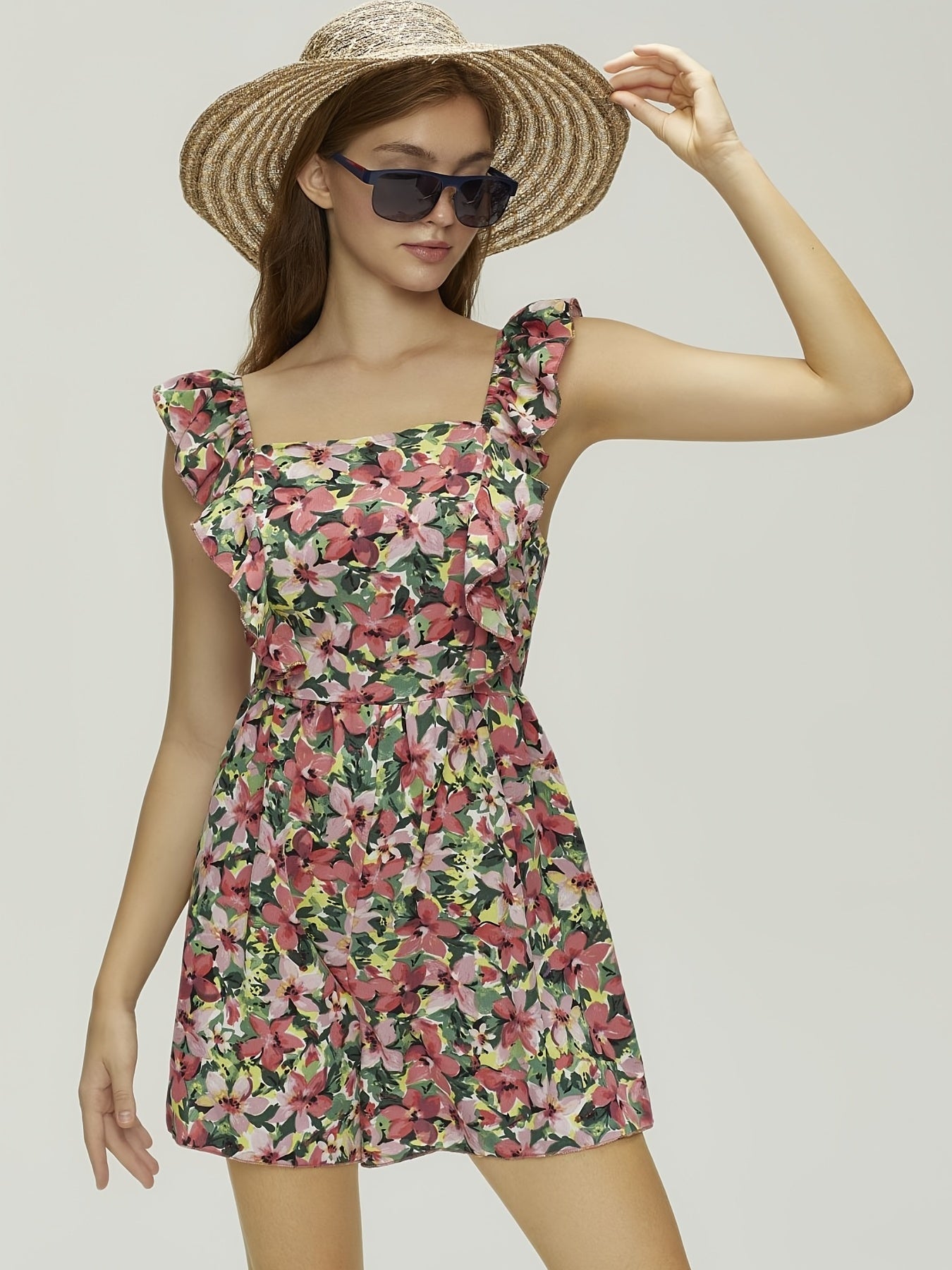 Floral Print Sleeveless Romper Jumpsuit Boho Ruffle Trim Tie Back