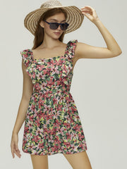 Floral Print Sleeveless Romper Jumpsuit Boho Ruffle Trim Tie Back