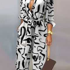 Graffiti Print Long Sleeve Neck Button Jumpsuit
