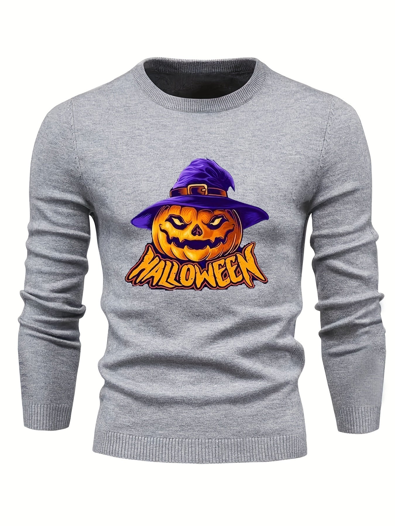 Cartoon Pumpkin Jack O Lantern With Wizard Hat Slim Fit Sweater