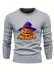 Cartoon Pumpkin Jack O Lantern With Wizard Hat Slim Fit Sweater