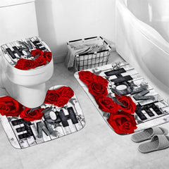 4pcs Red Rose Shower Curtain Set with Hooks & Bathroom Rug