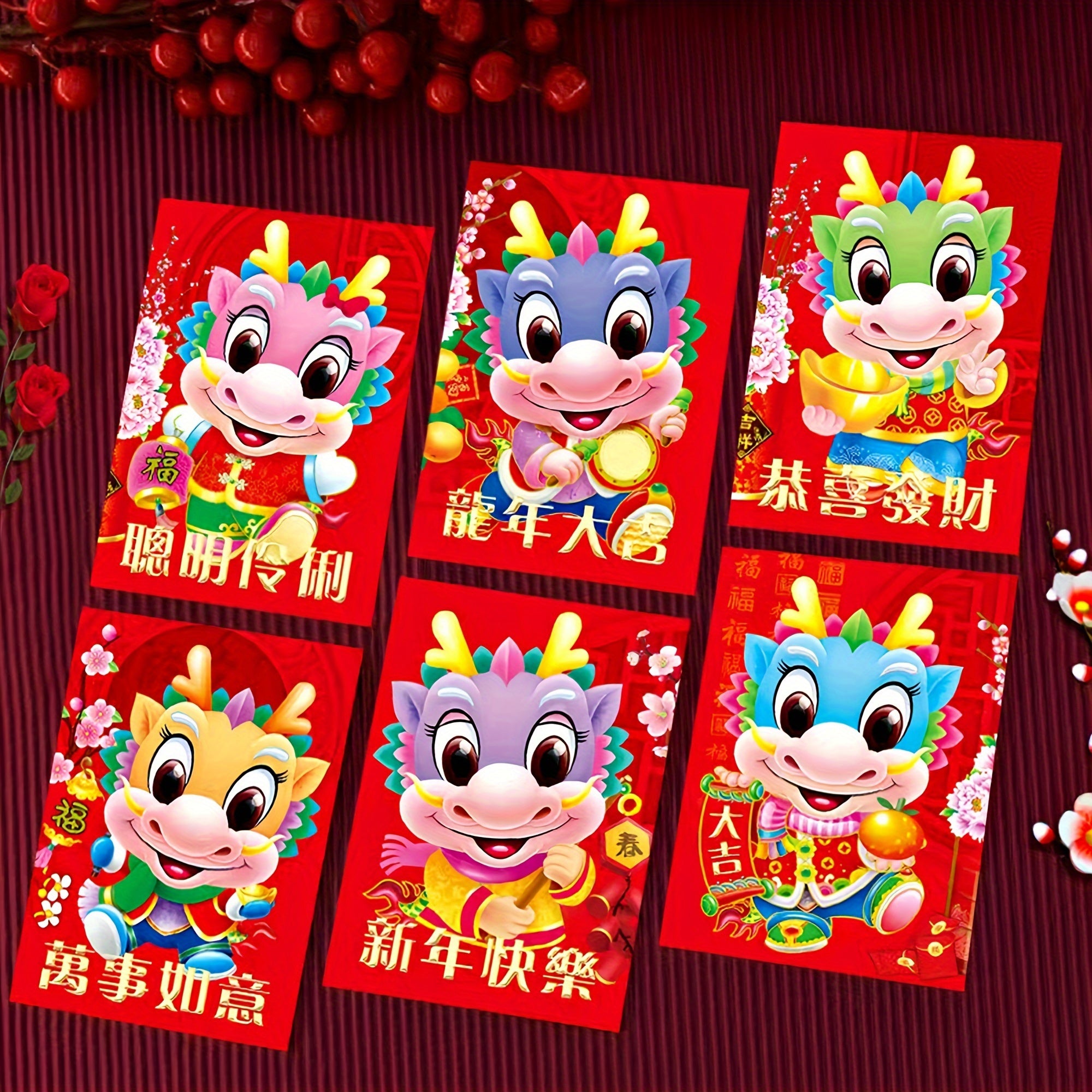 6pcs Chinese New Year Red Packets for Year Of The Dragon Celebrations