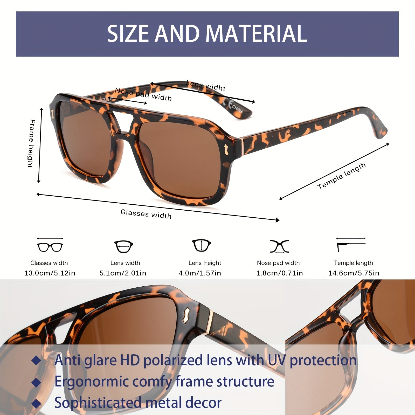 Retro Square Aviator Polarized Sunglasses For Men Lightweight UV Protection