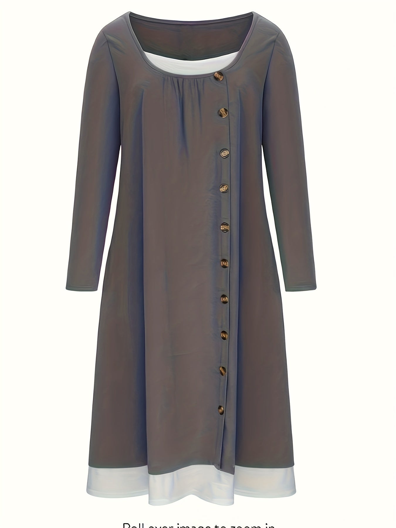 Block Button Front Dress Casual Long Sleeve Dress Women's Clothing
