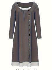 Block Button Front Dress Casual Long Sleeve Dress Women's Clothing