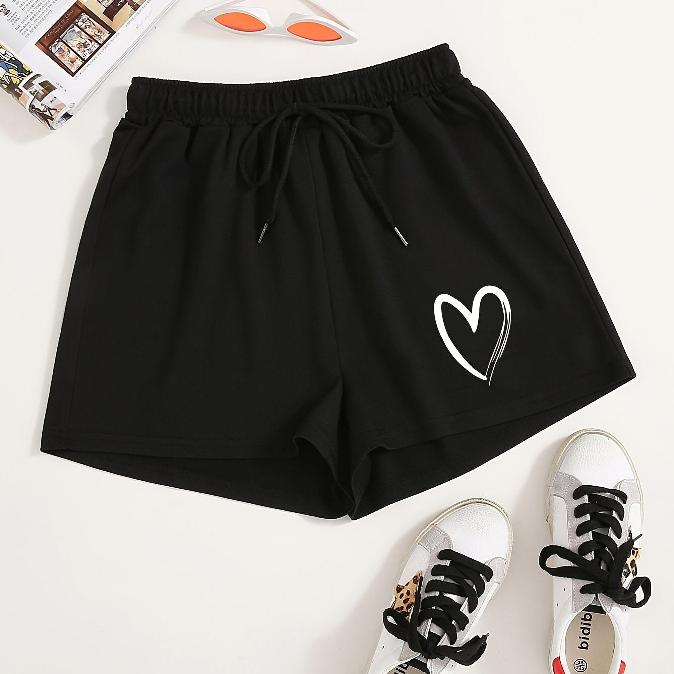 Heart Print Drawstring Shorts Y2K Sports High Waist Women's Clothing