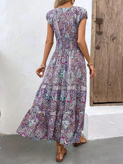 Boho Dress Women's Plus Floral Print Cap Sleeve V Neck Maxi Dress