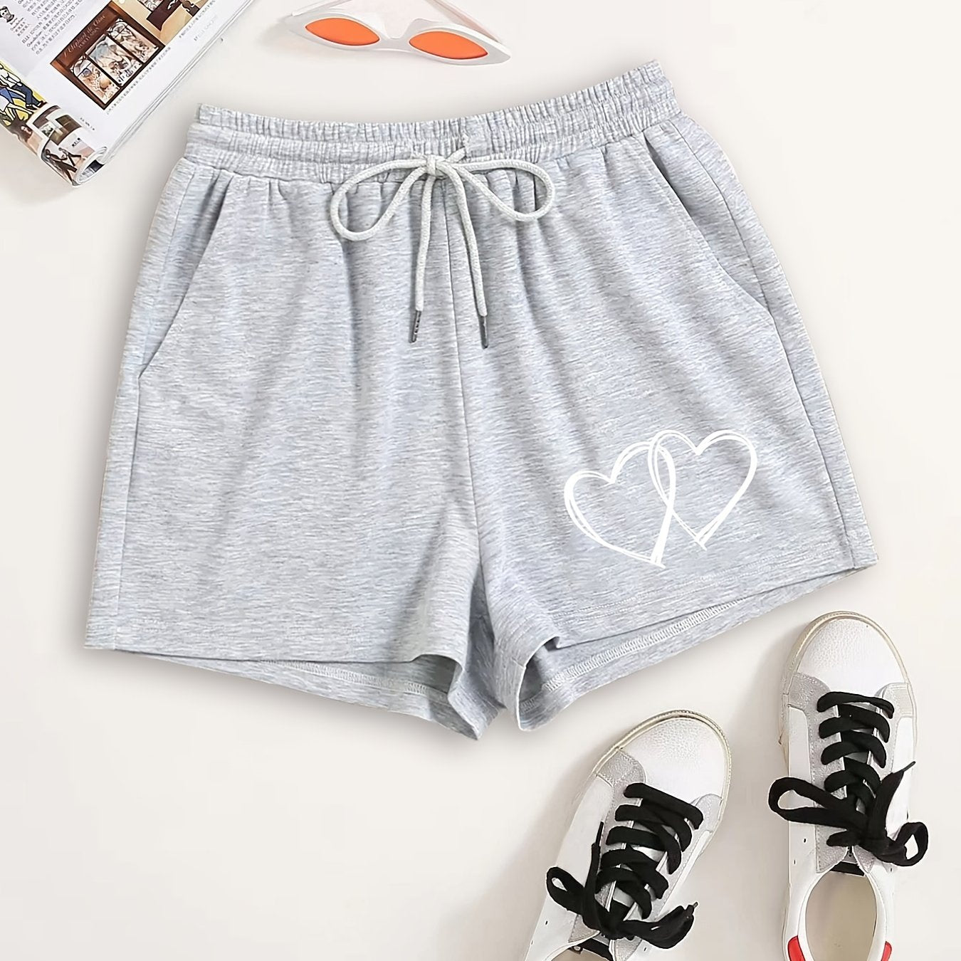 Hearts Print Elastic Drawstring Y2K Shorts Women's Clothing