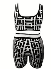 Allover Print Crop Tank & Biker Shorts Set