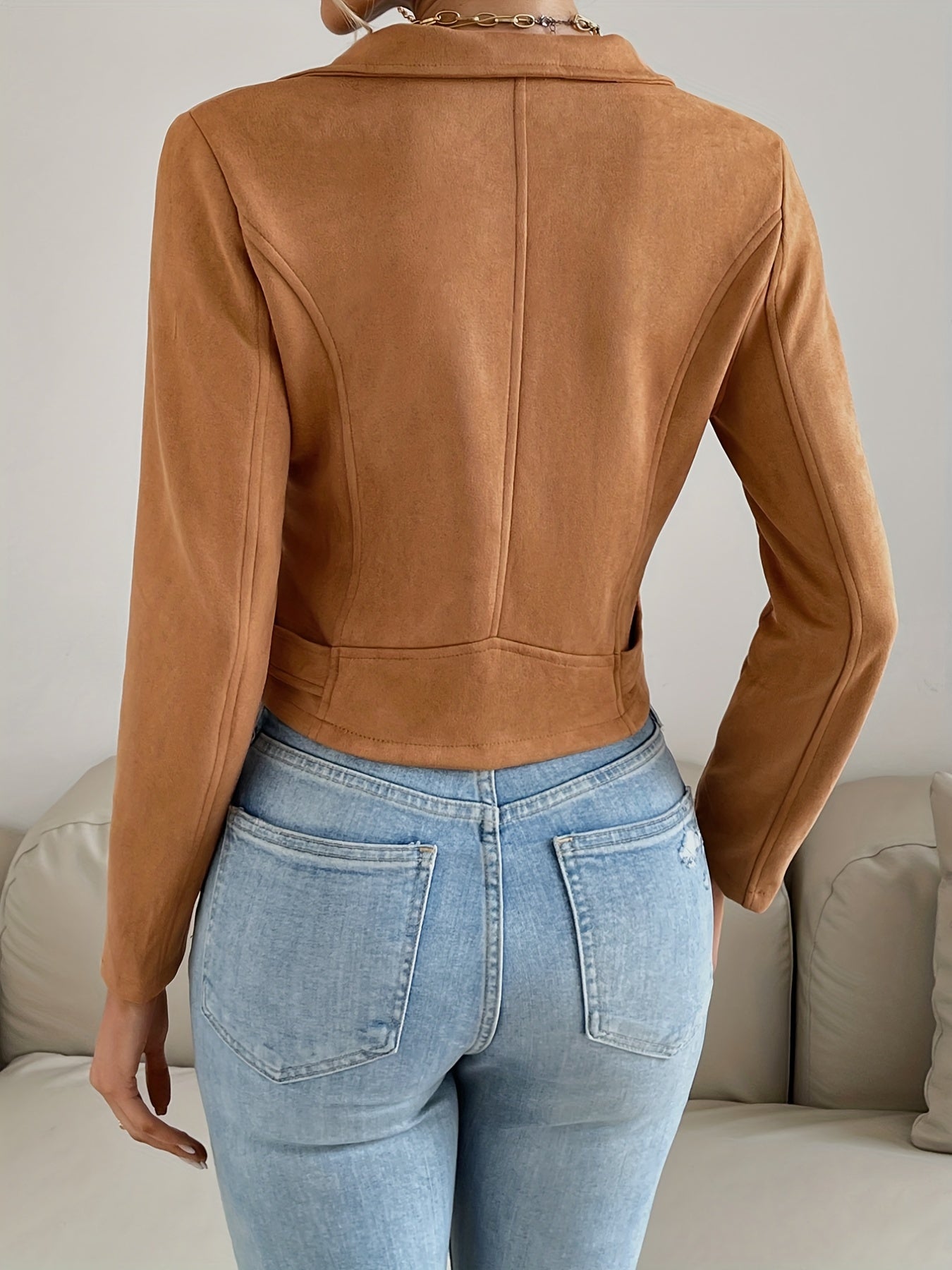 Solid Zip Up Biker Jacket Casual Lapel Long Sleeve Crop Jacket