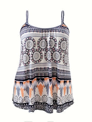 Boho Cami Top Damask Print Round Neck Stretch Cami Top