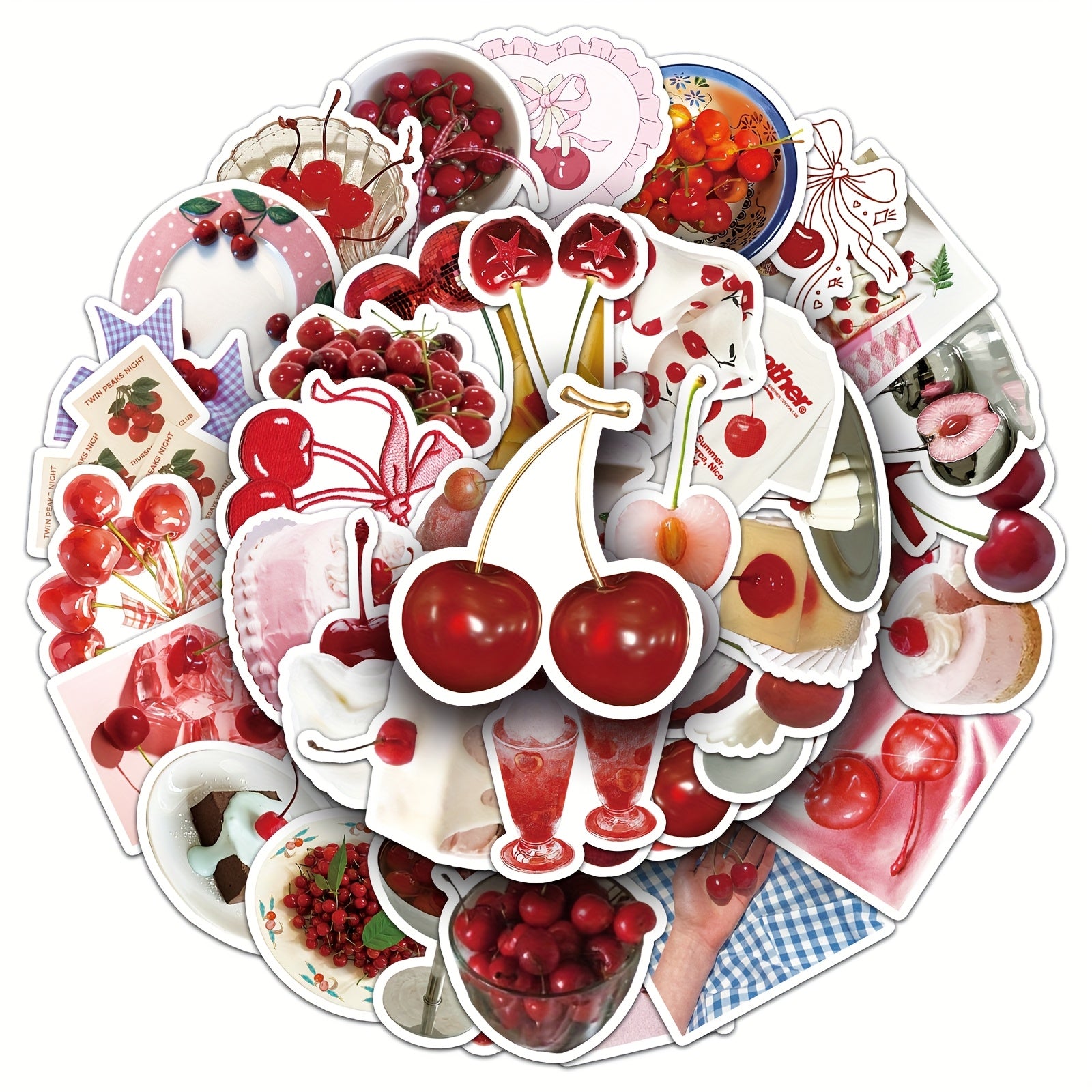 50pcs Cherry Themed Vinyl Stickers Red & Cartoon for Scrapbooking DIY Projects