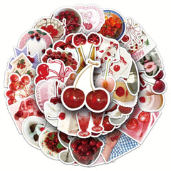 50pcs Cherry Themed Vinyl Stickers Red & Cartoon for Scrapbooking DIY Projects