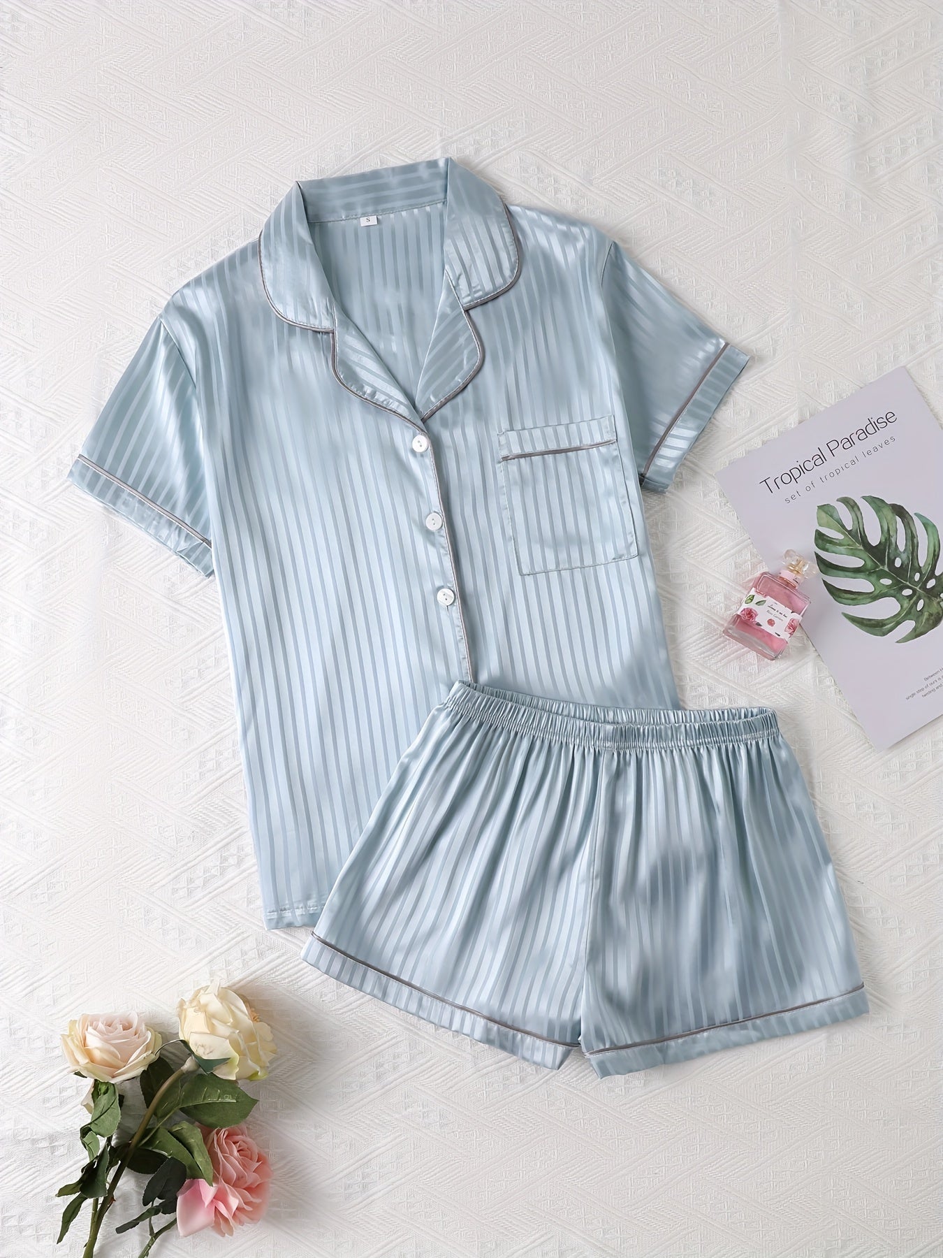 Striped Satin Pajamas Set Short Sleeve Top & Shorts