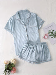 Striped Satin Pajamas Set Short Sleeve Top & Shorts