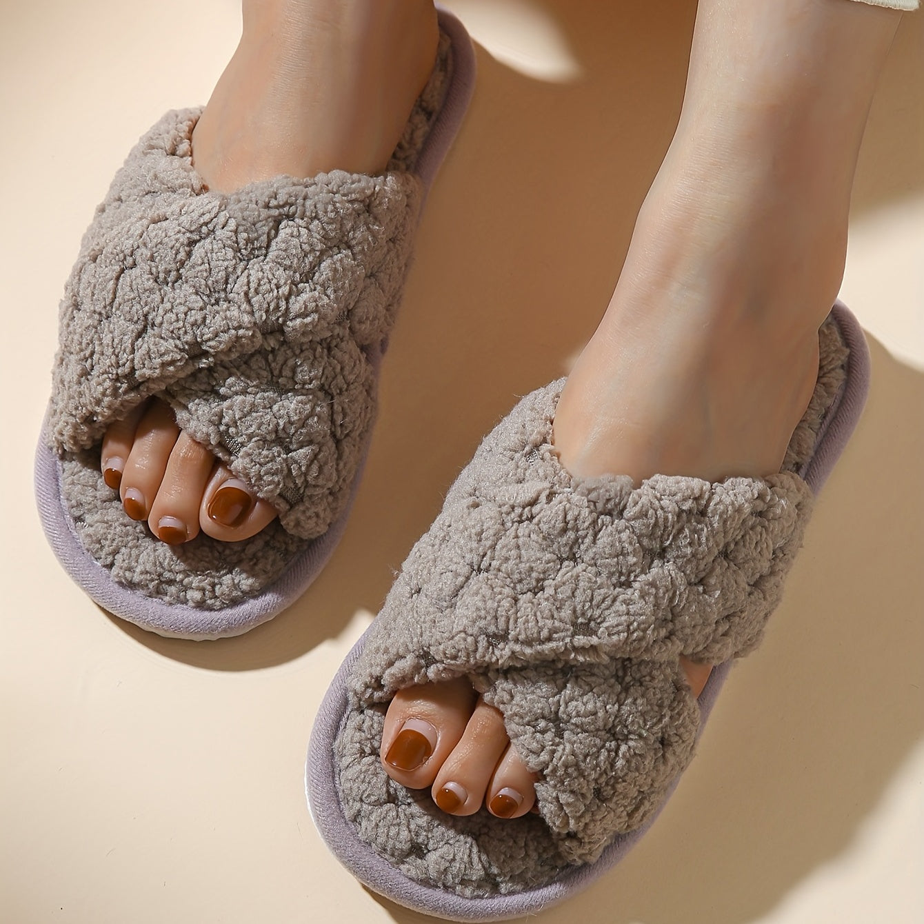 Plush Cross Strap Slippers Cozy Open Toe Flat Fuzzy Shoes