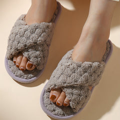 Plush Cross Strap Slippers Cozy Open Toe Flat Fuzzy Shoes