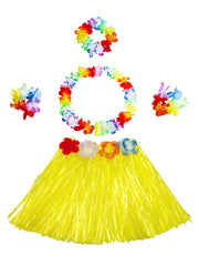 Girls Hawaiian Grass Skirt & Flowers Hula Set Costume for Halloween Party